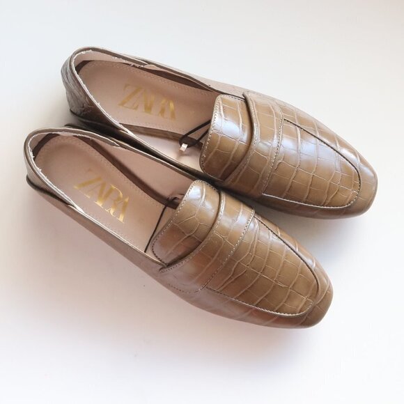 NEW Zara Crocodile Olive Green /Brown Loafers / Flats / Slipons / Shoes